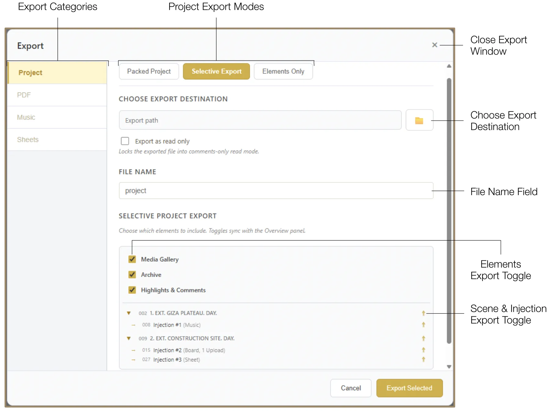 Selective Export panel showing project tree with scene and element checkboxes
